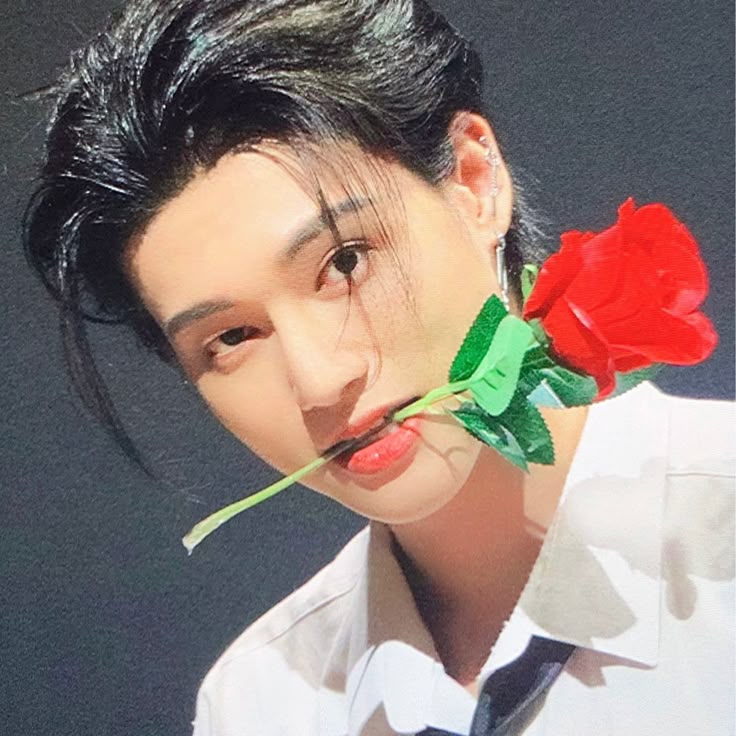 Young man with dark hair holding red rose in mouth, wearing white shirt