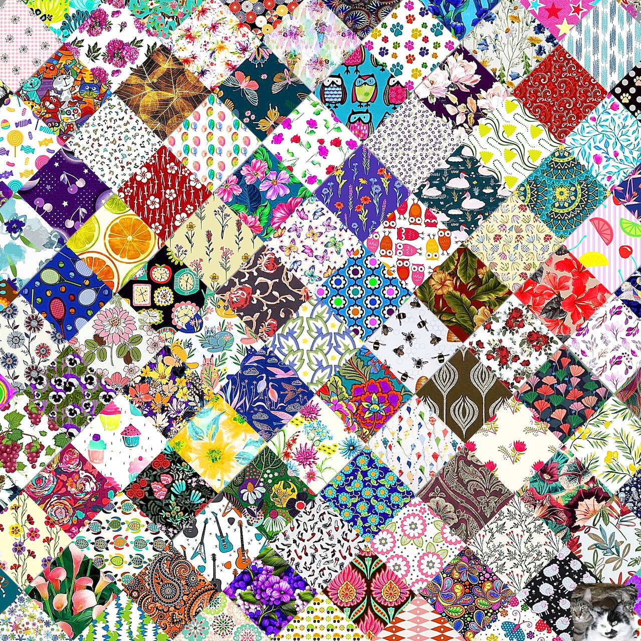 Colorful patchwork quilt with diamond patches in various patterns and colors arranged in a grid