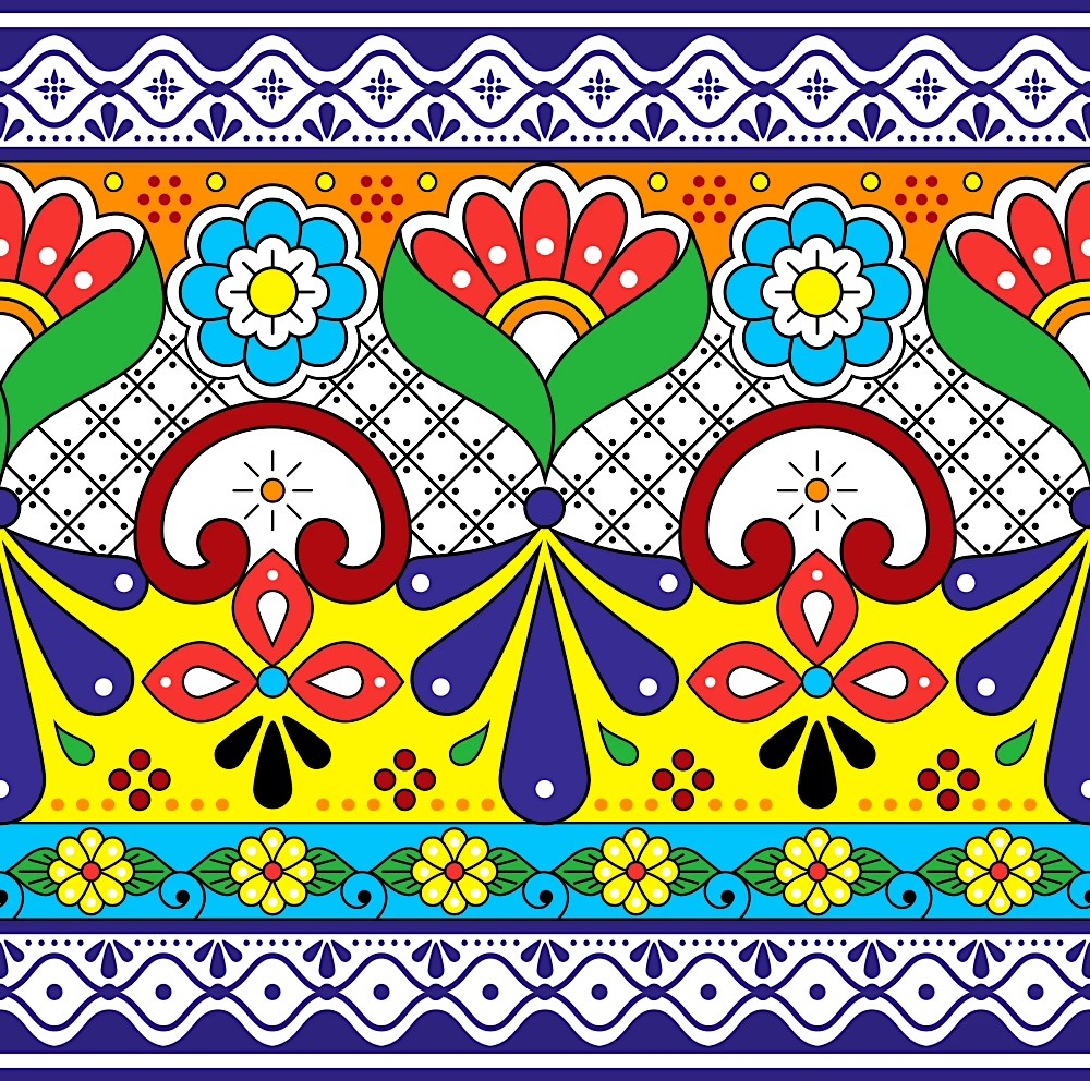Colorful Mexican Talavera ceramic tile pattern with flowers and geometric designs