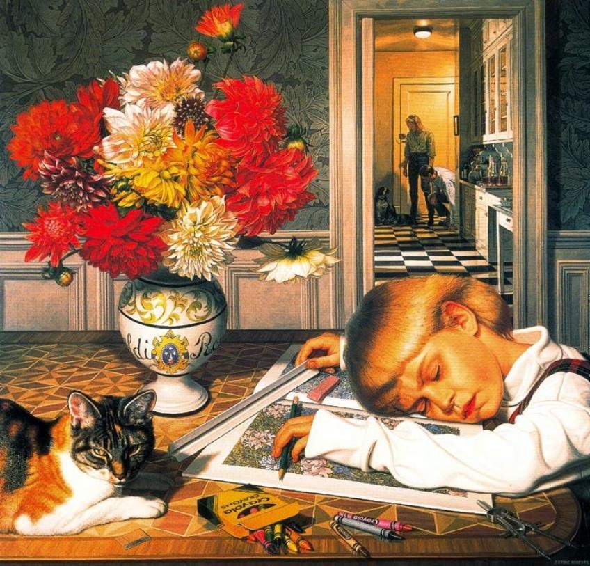Man sleeping at table beside calico cat with colorful flower bouquet in ornate vase and hallway behind