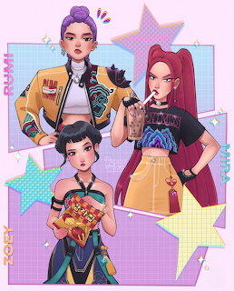 Three stylish anime-style female characters in colorful streetwear on a pastel pink background with stars