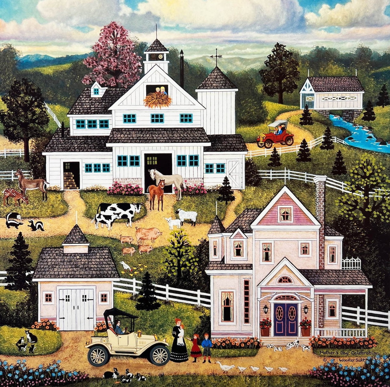 Folk art painting of rural farm village with white buildings, church, barn, vintage car, and cows on hillside