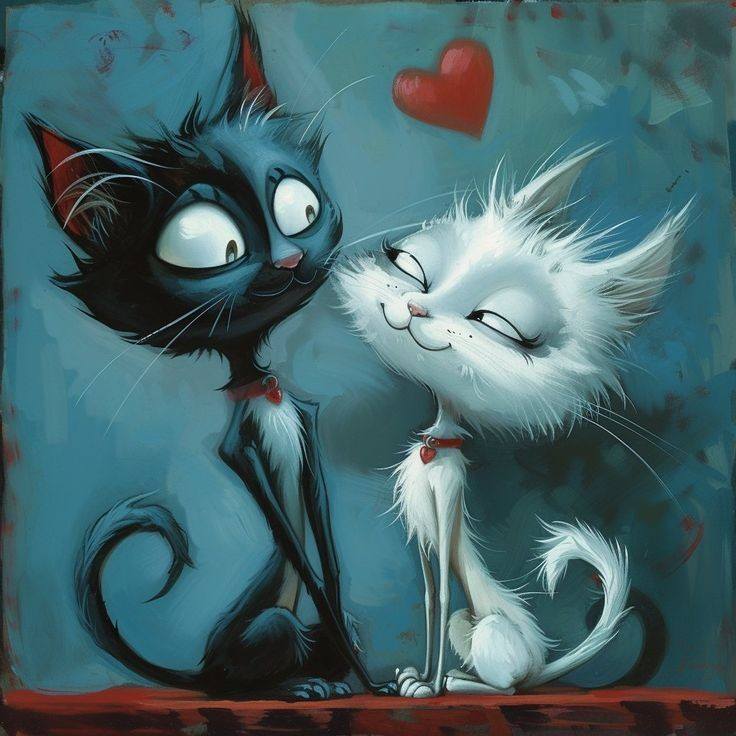 Whimsical illustration of a black cat and white fluffy cat sitting close together with a floating red heart above