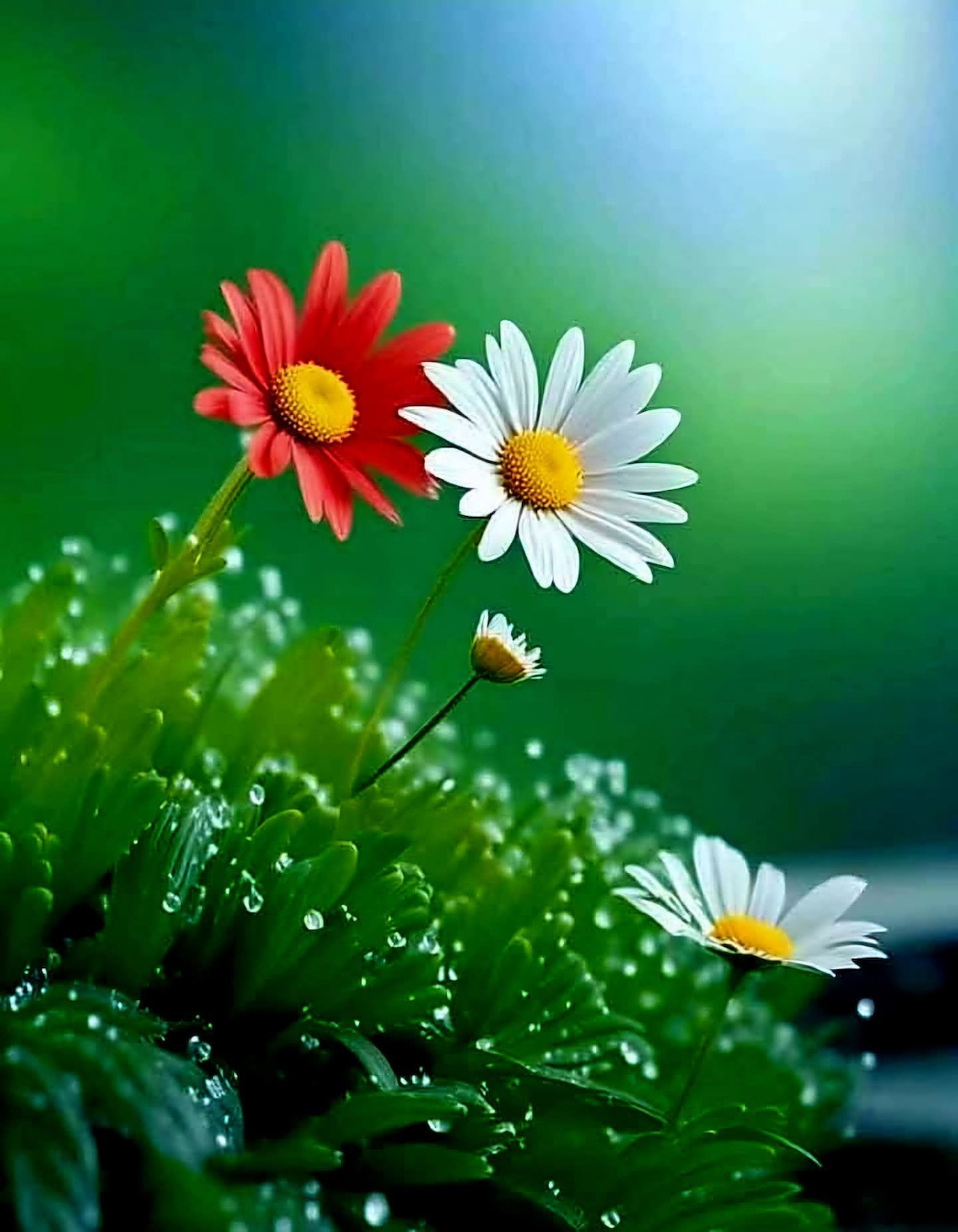 Red and white daisy flowers with yellow centers above dew-covered green grass on a blurred green background