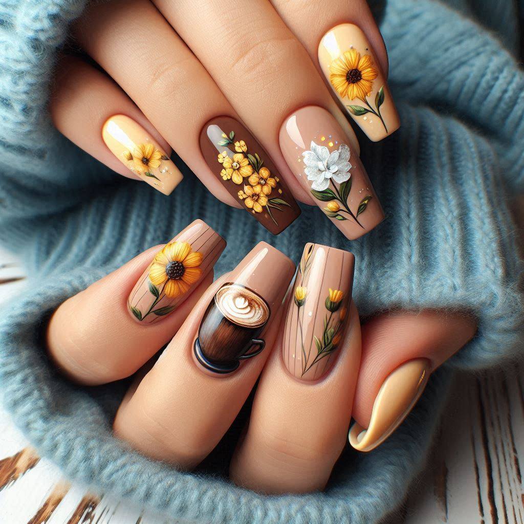 Hands displaying detailed sunflower nail art with yellow and brown floral designs on long manicured nails