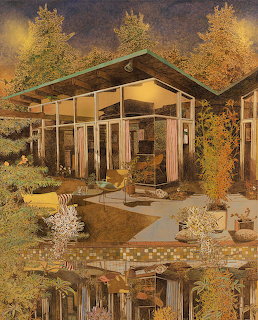 Illustration of a modern glass house with warm lights and golden trees at dusk