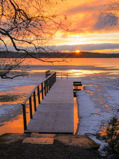 Wooden dock on a frozen lake at sunset with orange sky and bare winter trees