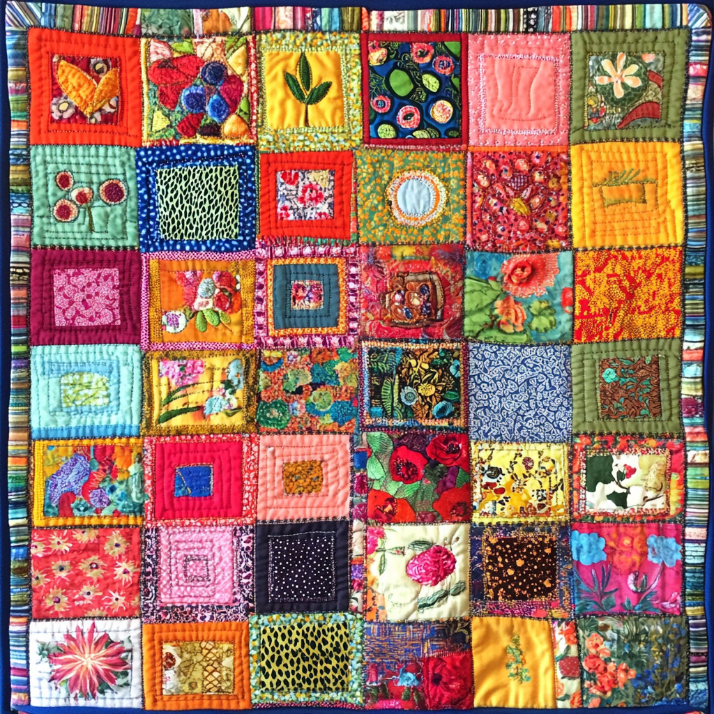 Colorful patchwork quilt with 42 fabric squares showing flowers, animals, and geometric patterns