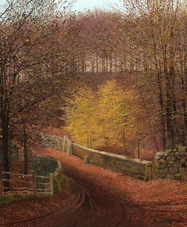 Painting of an autumn lane with fallen leaves, stone bridge, wooden gate, and golden-leaved trees