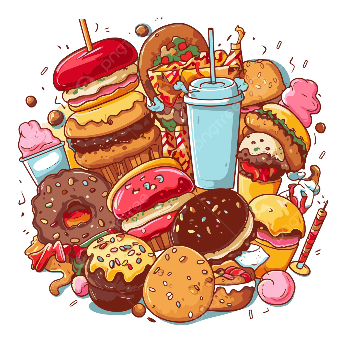 Cartoon illustration of assorted junk food including burgers, donuts, pizza, and drinks