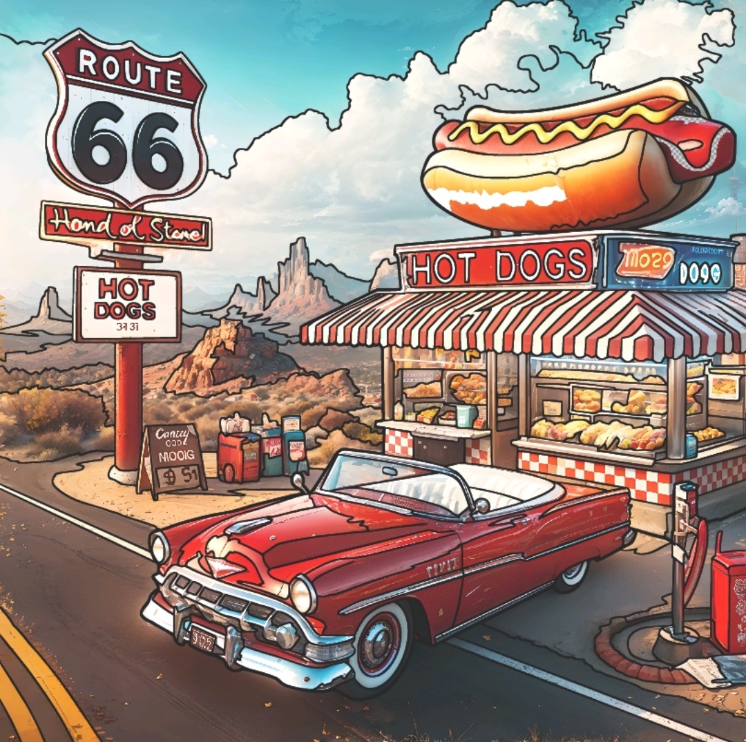 Illustration of Route 66 hot dog stand with red vintage car parked in front, desert background