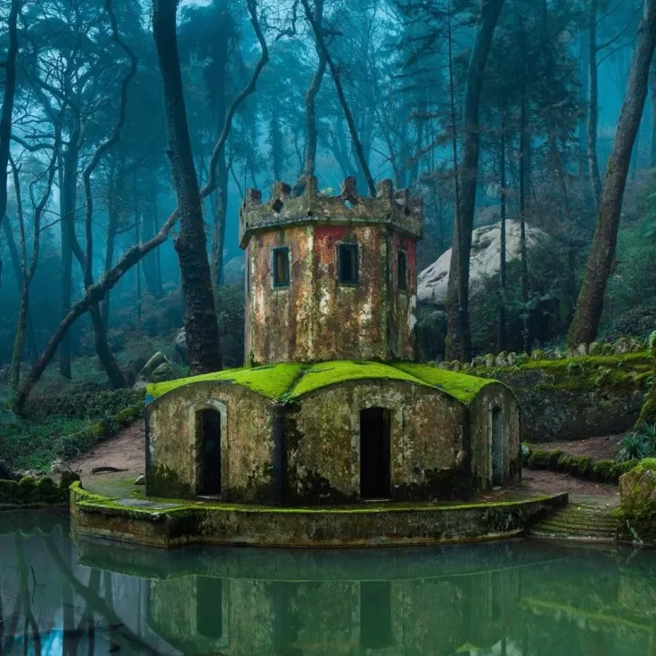 Moss-covered miniature stone castle tower reflected in calm water in a misty green forest