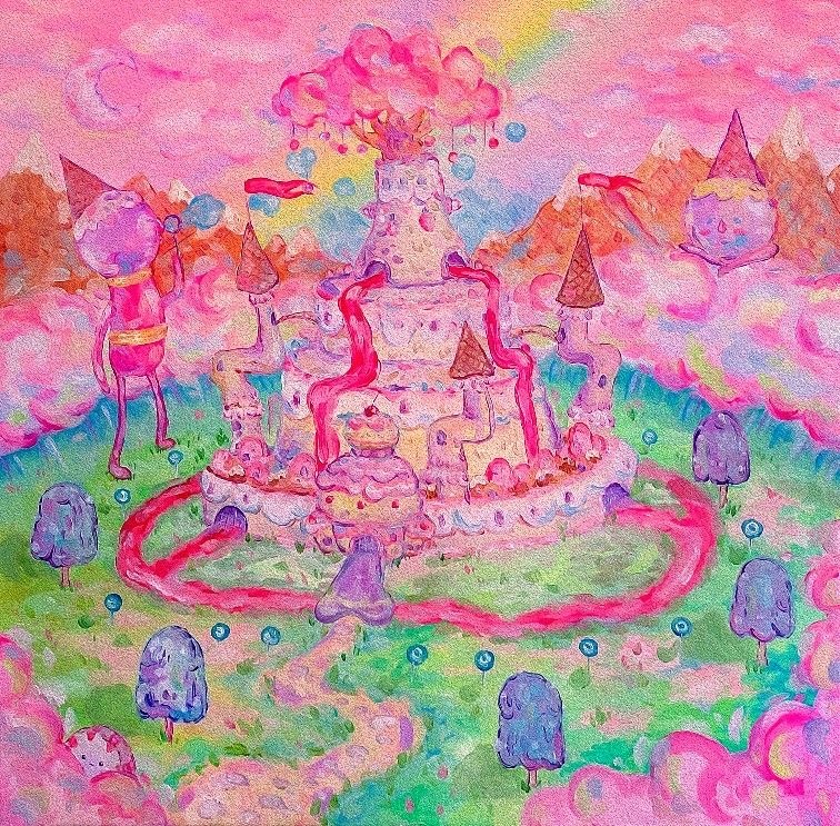 Colorful fantasy castle with pink and purple towers in a pastel dreamscape with winding paths and trees