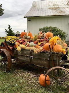 Wooden wagon loaded with pumpkins, gourds, corn, and fall decorations in front of a white barn