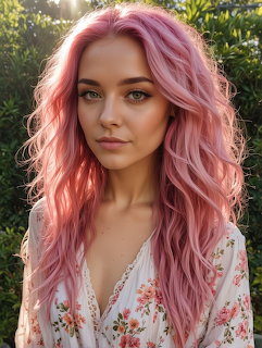 Young woman with long wavy pink hair and green eyes wearing a floral blouse outdoors