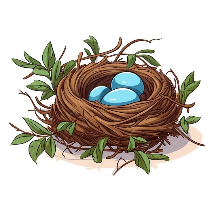 Illustration of a bird nest with green leaves and three blue eggs