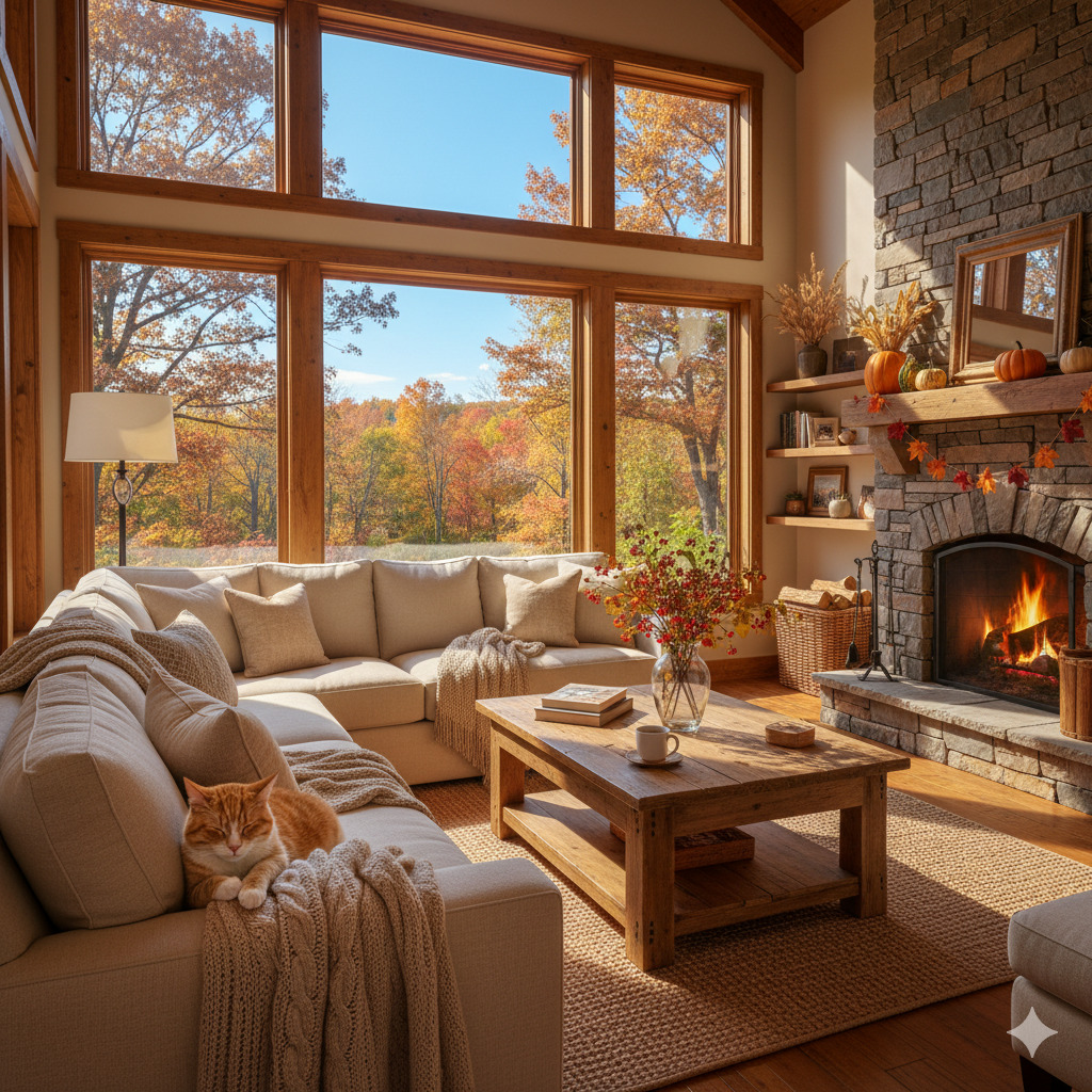 Cozy living room with large windows showing autumn trees, lit fireplace, and comfortable seating