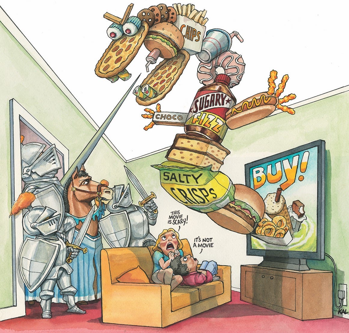 Cartoon scene with robots, giraffe head trophy, stacked objects including salty pot, and retro TV displaying 'BUY!' text