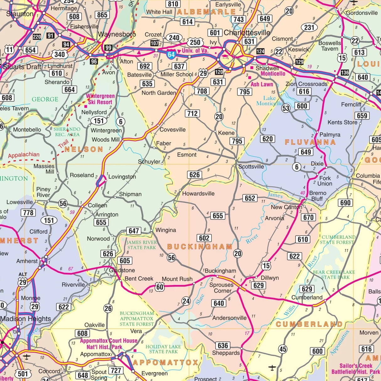 Virginia state road map with highways, cities, and county boundaries in pastel colors