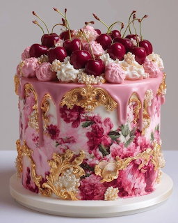 Pink floral decorated cake with gold accents and cherries on top