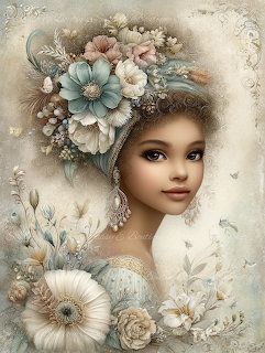 Digital art portrait of a young woman with a large floral headdress in pastel colors