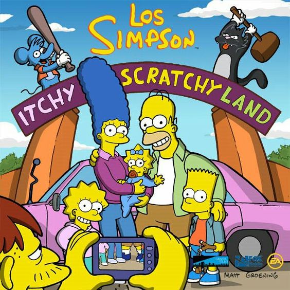 Simpsons family at Itchy & Scratchy Land theme park entrance with pink car