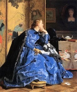 Woman in blue Victorian dress seated in elegant interior, oil painting by Alfred Stevens
