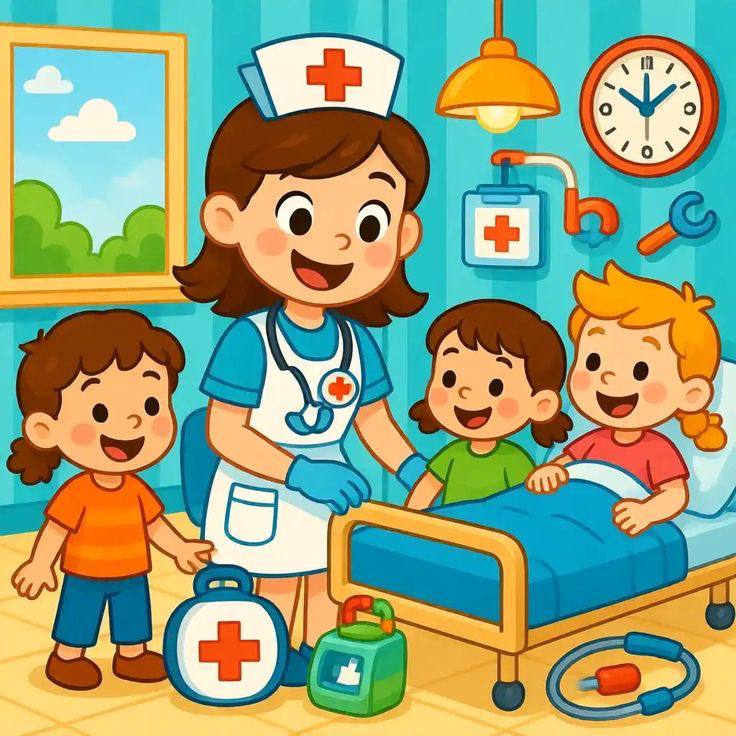 Nurse with Children Cartoon