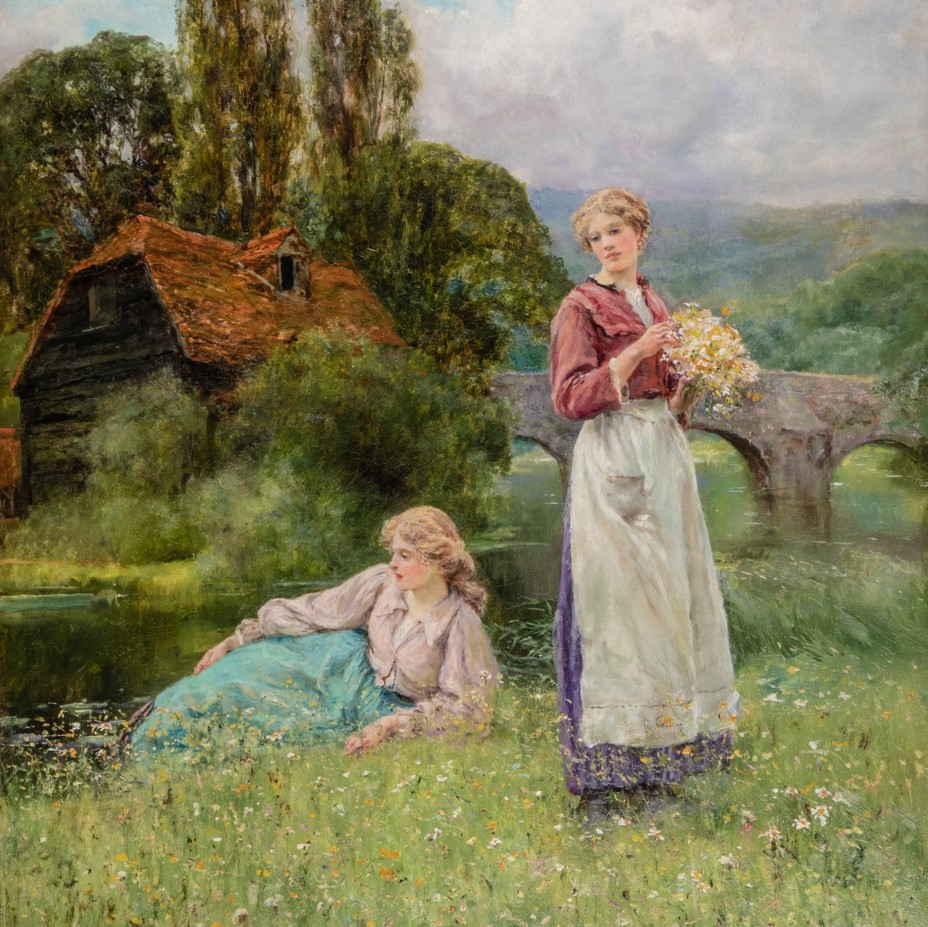 Two Ladies by Cottage and Bridge