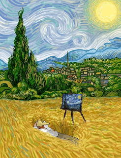 Van Gogh style painting of wheat field with cypress trees, swirling sky, and artist at easel