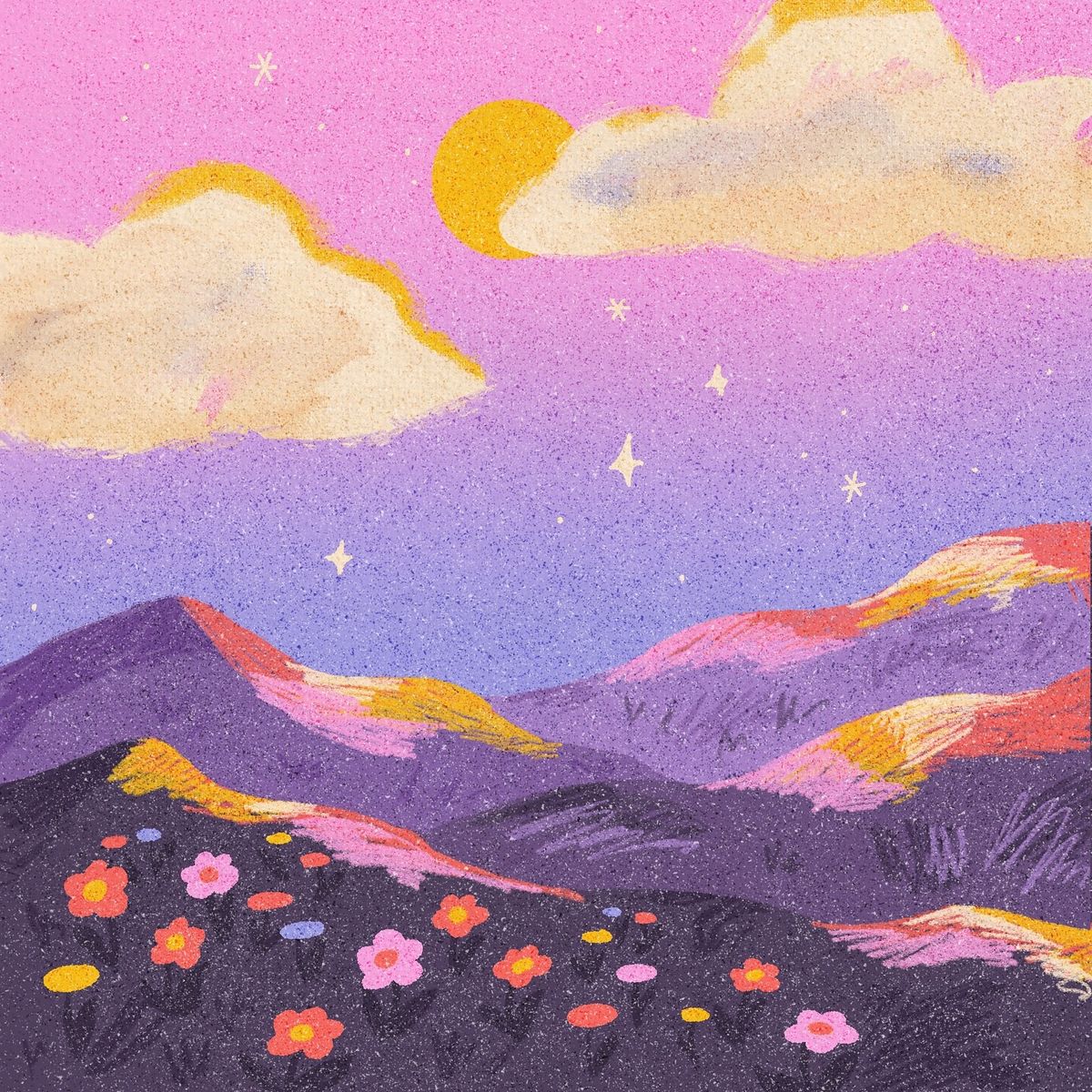 Illustration of purple mountains beneath a pink sky with clouds, sun, and scattered wildflowers