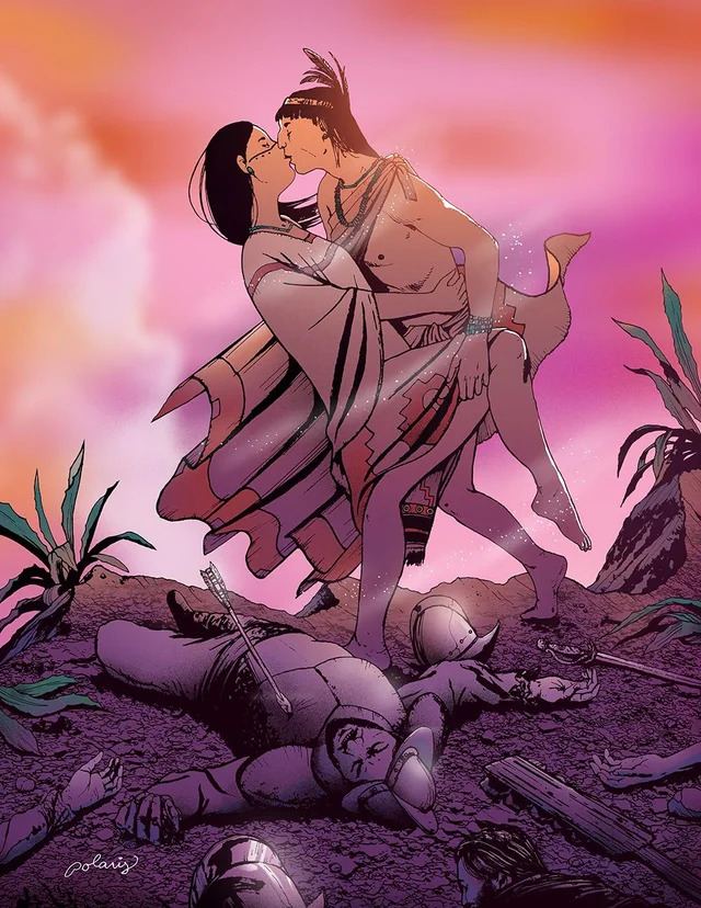 Two people in traditional dress embracing on rocks under a colorful pink and orange sunset sky