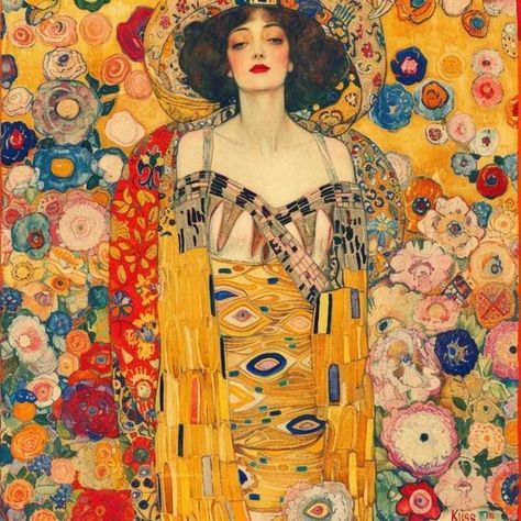 Woman in golden ornamental dress surrounded by colorful flowers in Gustav Klimt Art Nouveau style