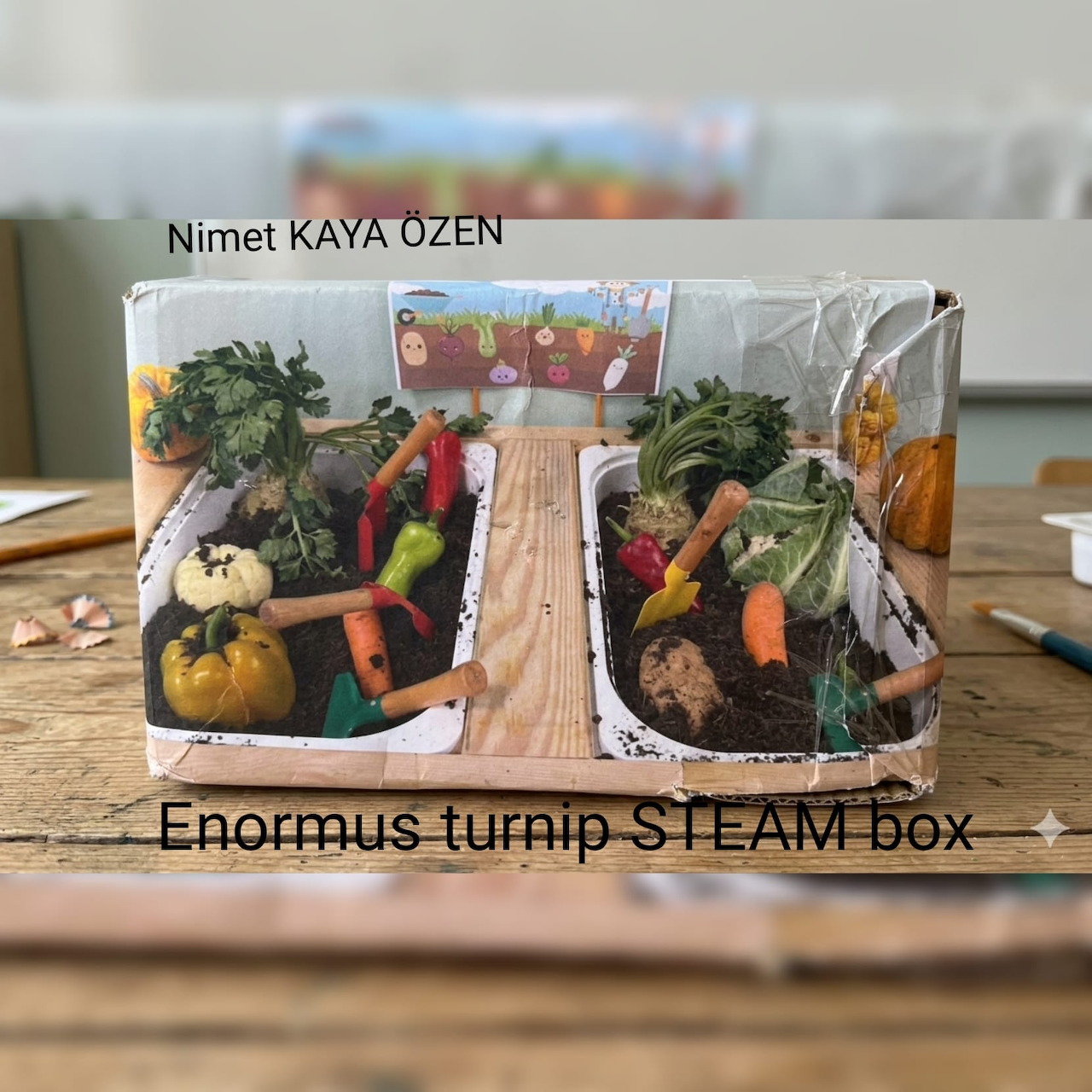 Clear plastic box of assorted vegetables on a wooden table with overlaid text