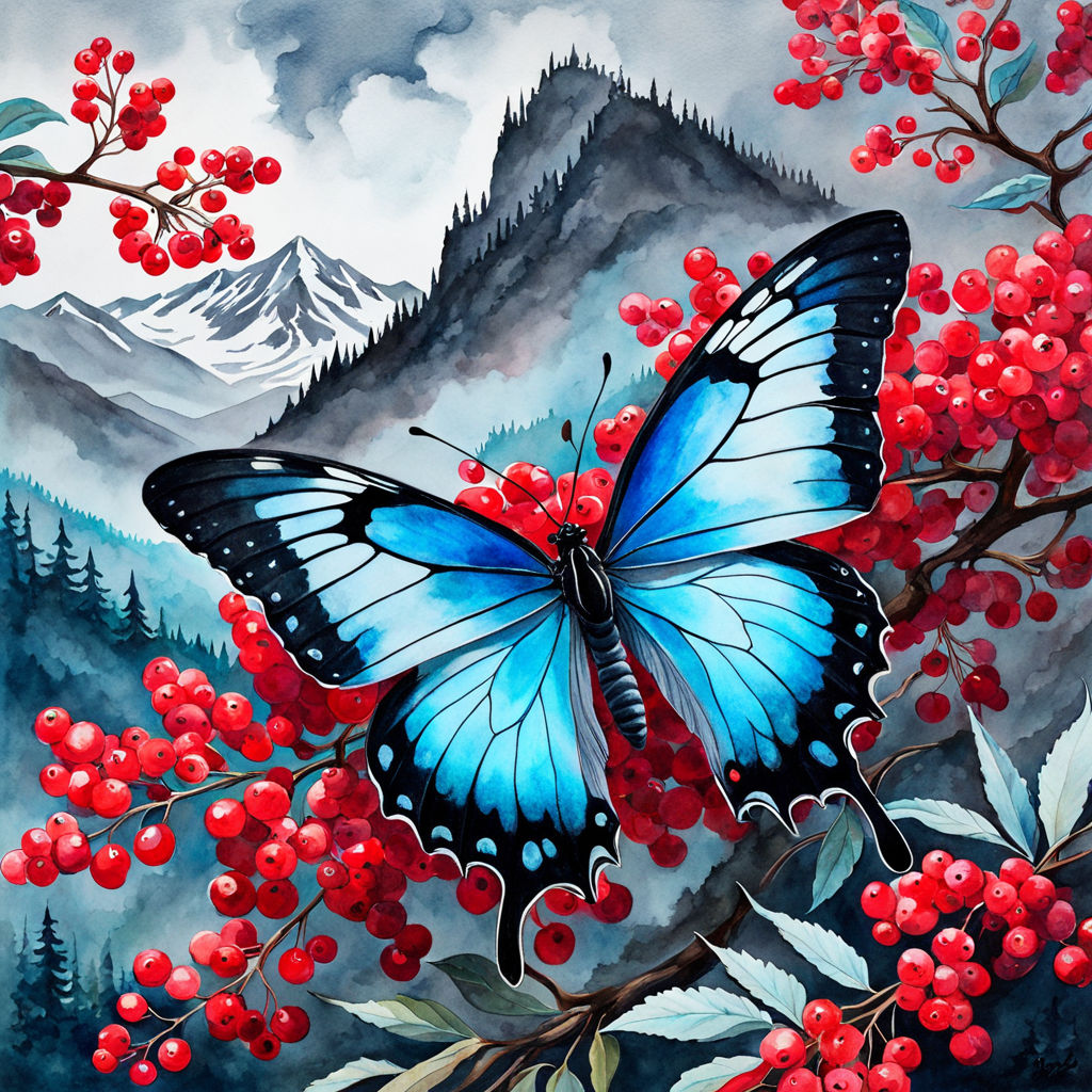 Large blue butterfly perched on branch with red berries, snowy mountains and pagoda in misty background