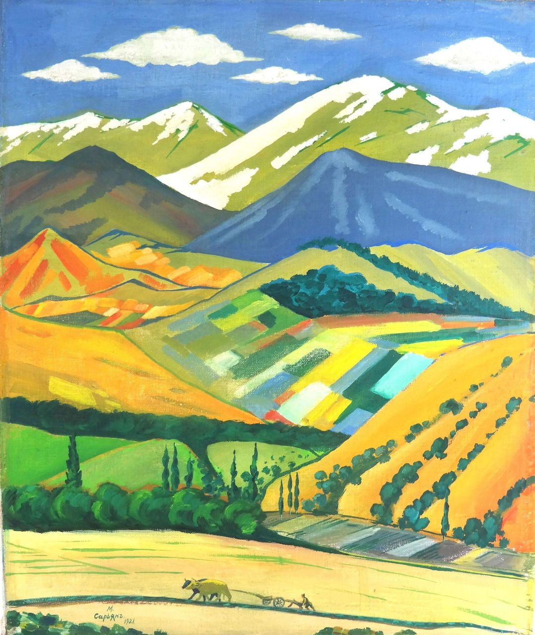 Vibrant landscape painting showing layered mountains, green hills, and golden fields under blue sky