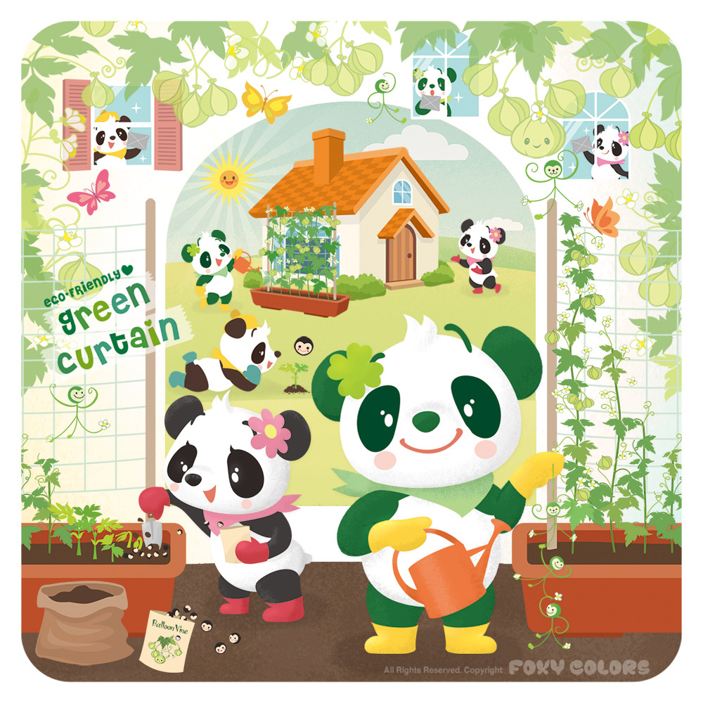 Cute cartoon pandas gardening with flowers, watering can, and a small house in a bright garden