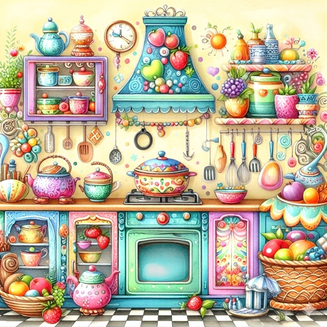 Whimsical watercolor kitchen with pastel cookware, desserts, and vintage decor in cheerful cottagecore style