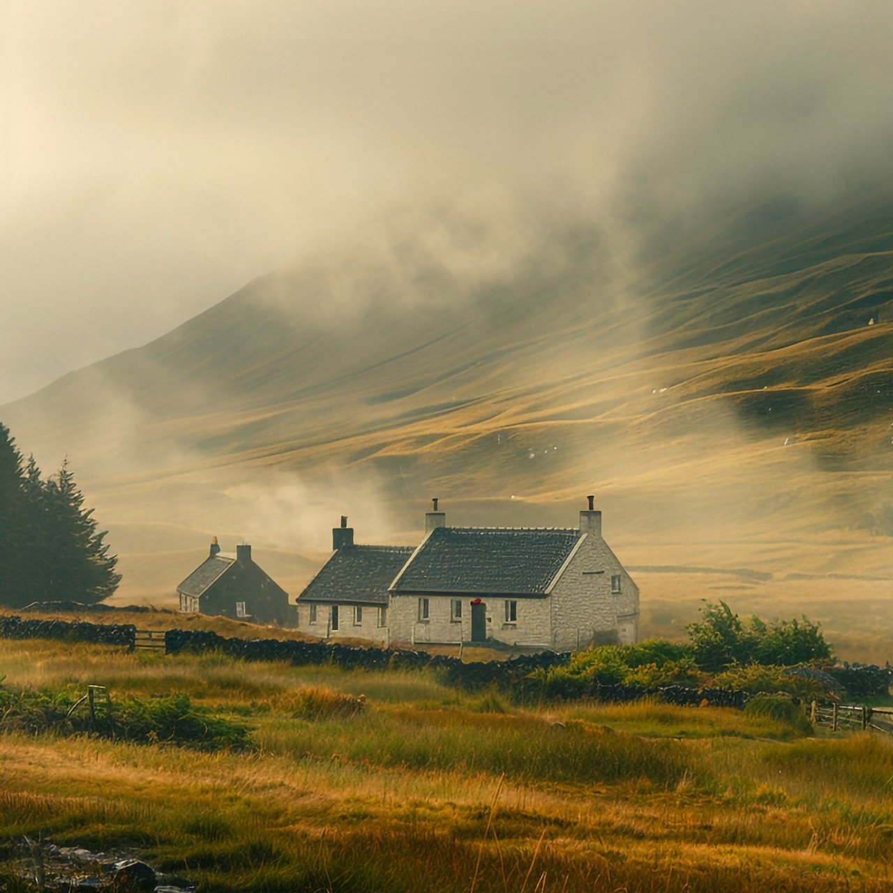 White cottages in a misty valley with rolling hills and golden grass