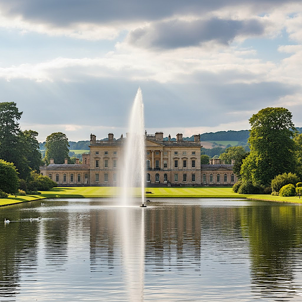 Chatsworth House with fountain and lake in front under cloudy sky