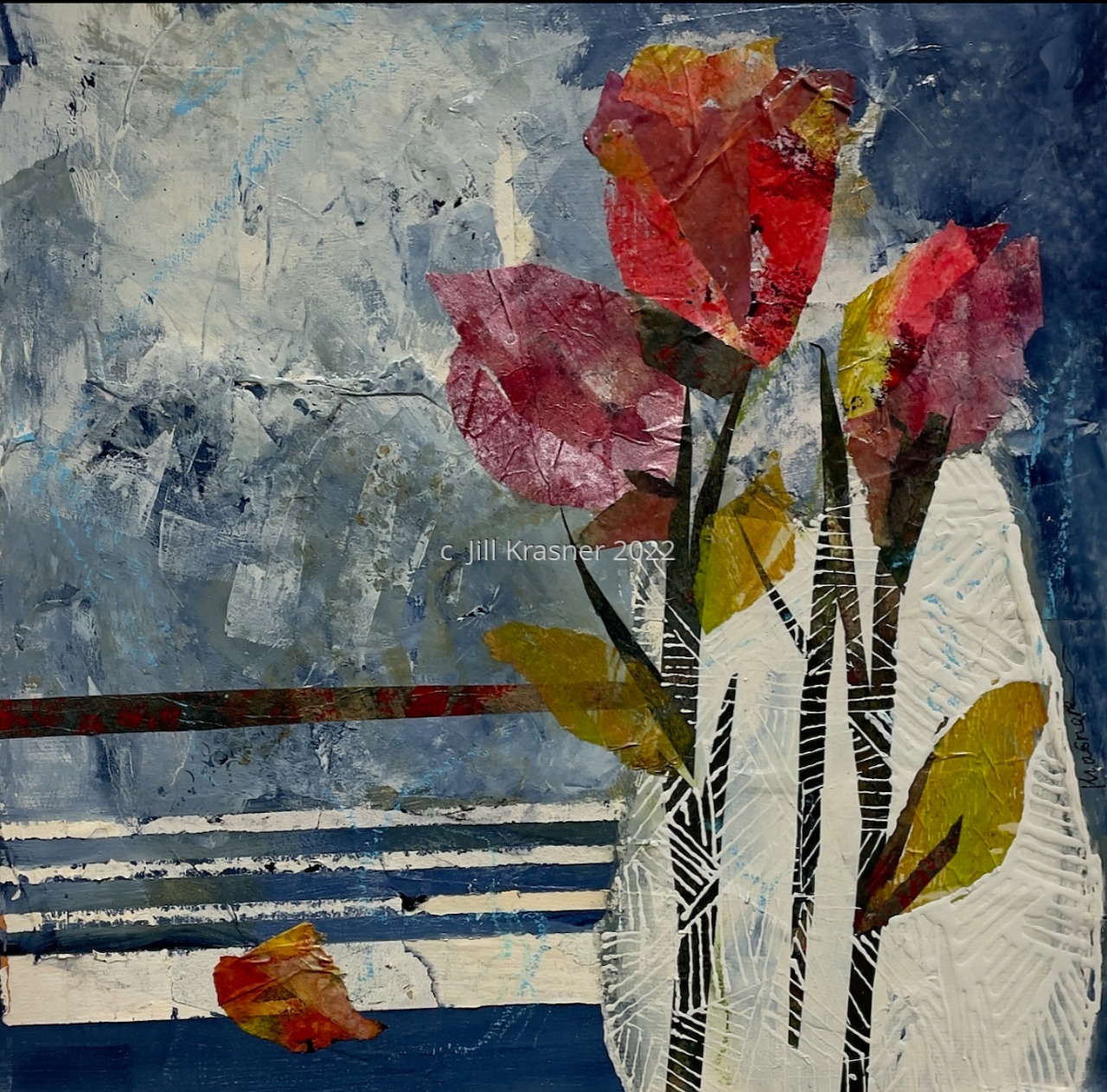 Abstract mixed media collage of red flowers with patterned stems against blue and white textured background