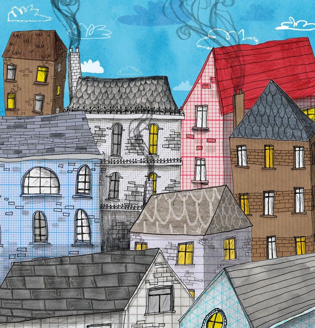 Illustrated cluster of city houses with red and gray roofs and yellow-lit windows