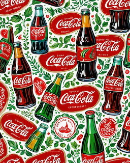 Vintage illustration of numerous glass soda bottles with red logos surrounded by green leaves