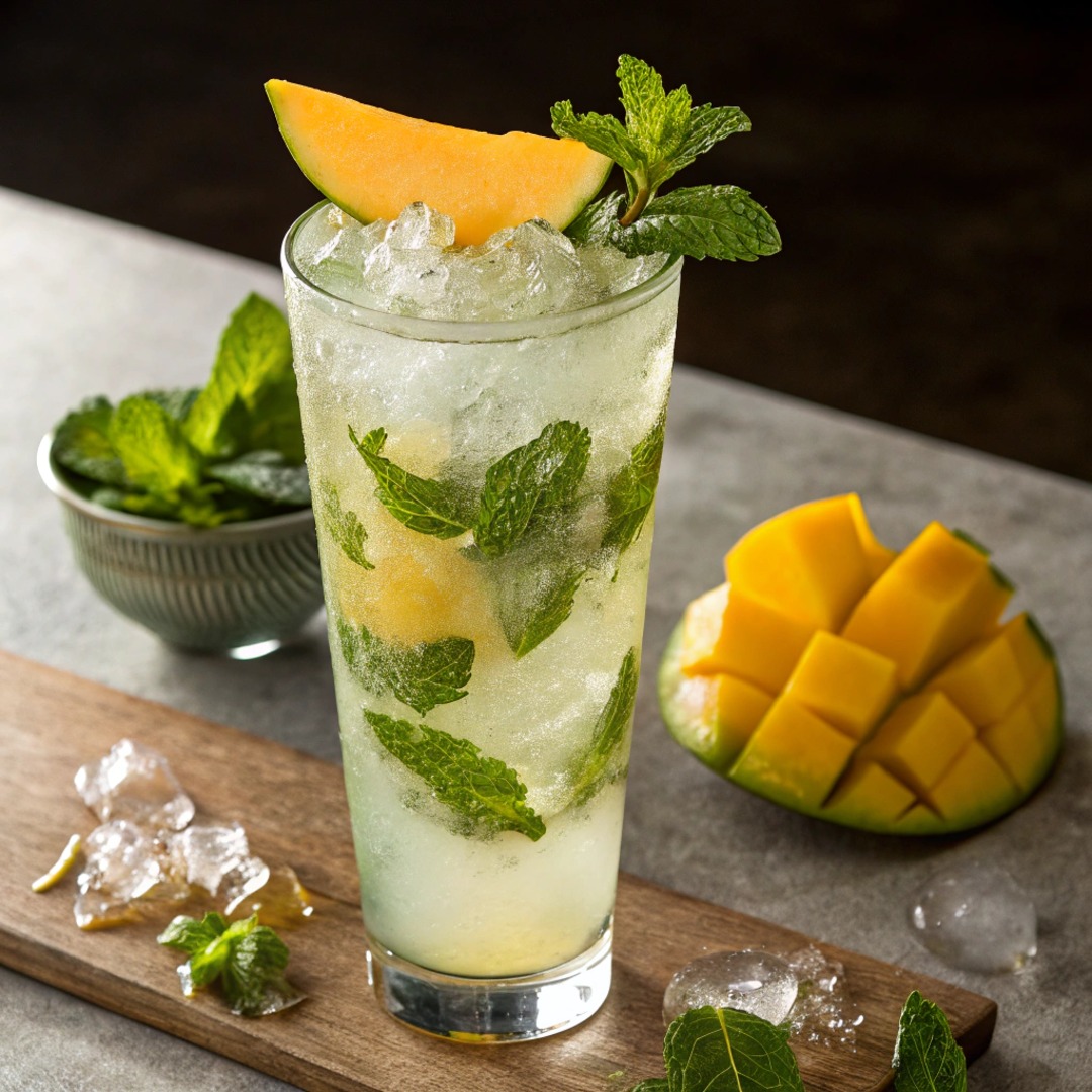 Tall glass of mango mojito with mint leaves, ice, and fresh mango slices on wooden board