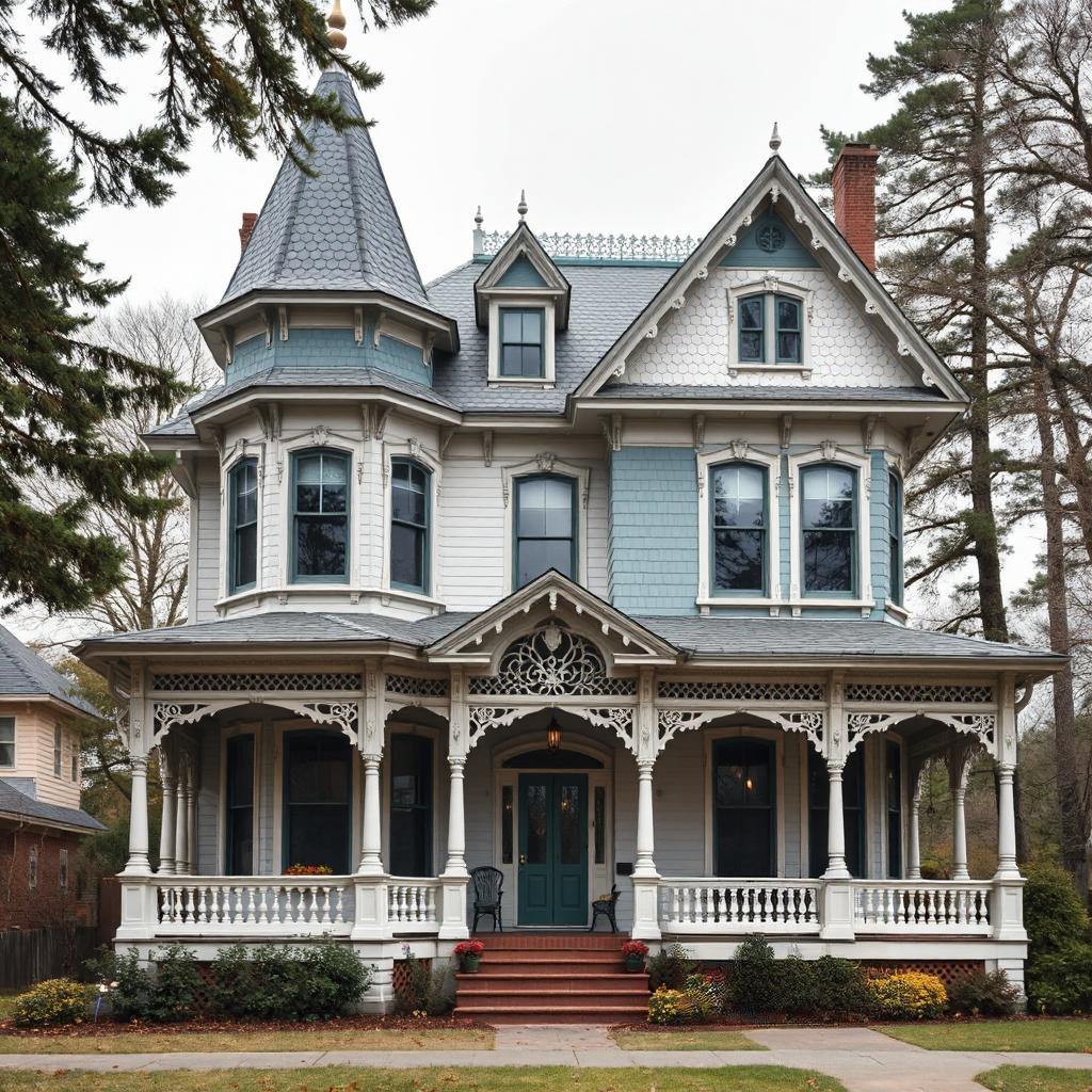 Victorian Queen Anne style house with turret and wraparound porch