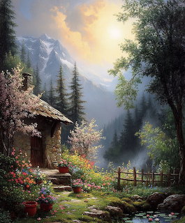 Painting of a stone cottage in a forest clearing with flowers, trees, and mountains in the background