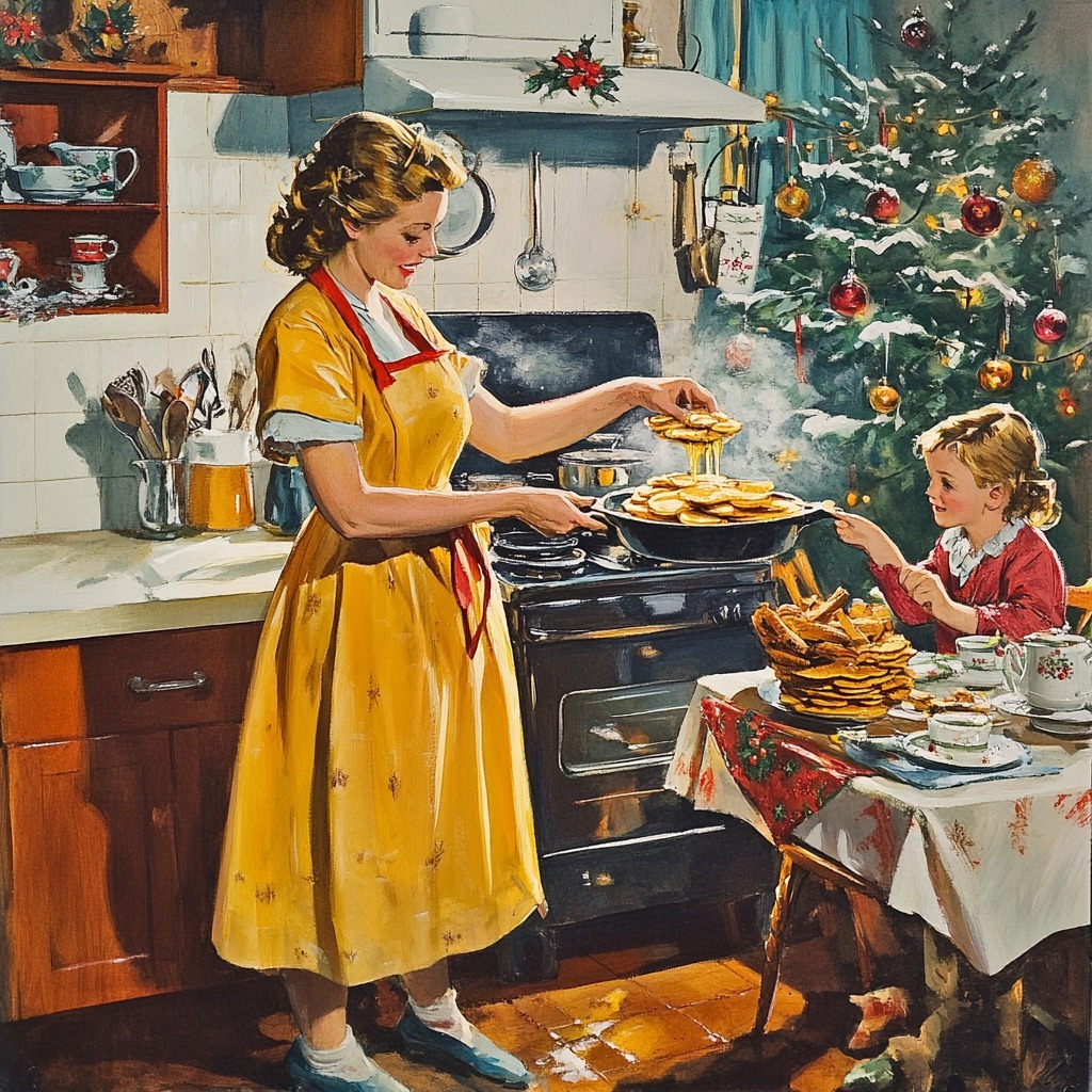 Woman in yellow dress making pancakes while child waits at table beside decorated Christmas tree