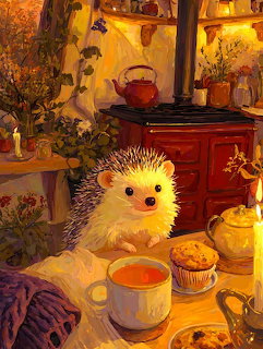 Illustrated hedgehog sitting at a cozy kitchen table with tea cup, muffin, and candle in warm lighting