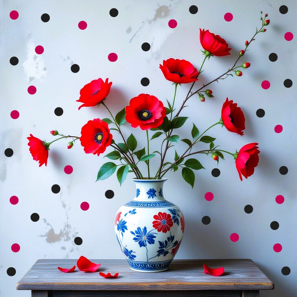Red poppies in a blue and white vase on a wooden table with a black and pink polka dot background.