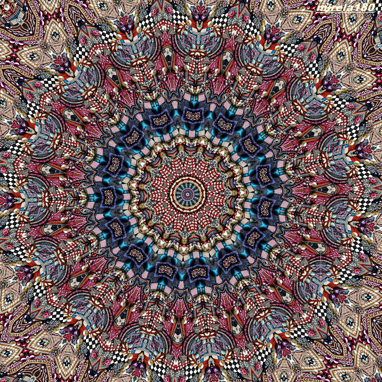 Detailed mandala with symmetrical red, blue and beige geometric and floral patterns radiating from center